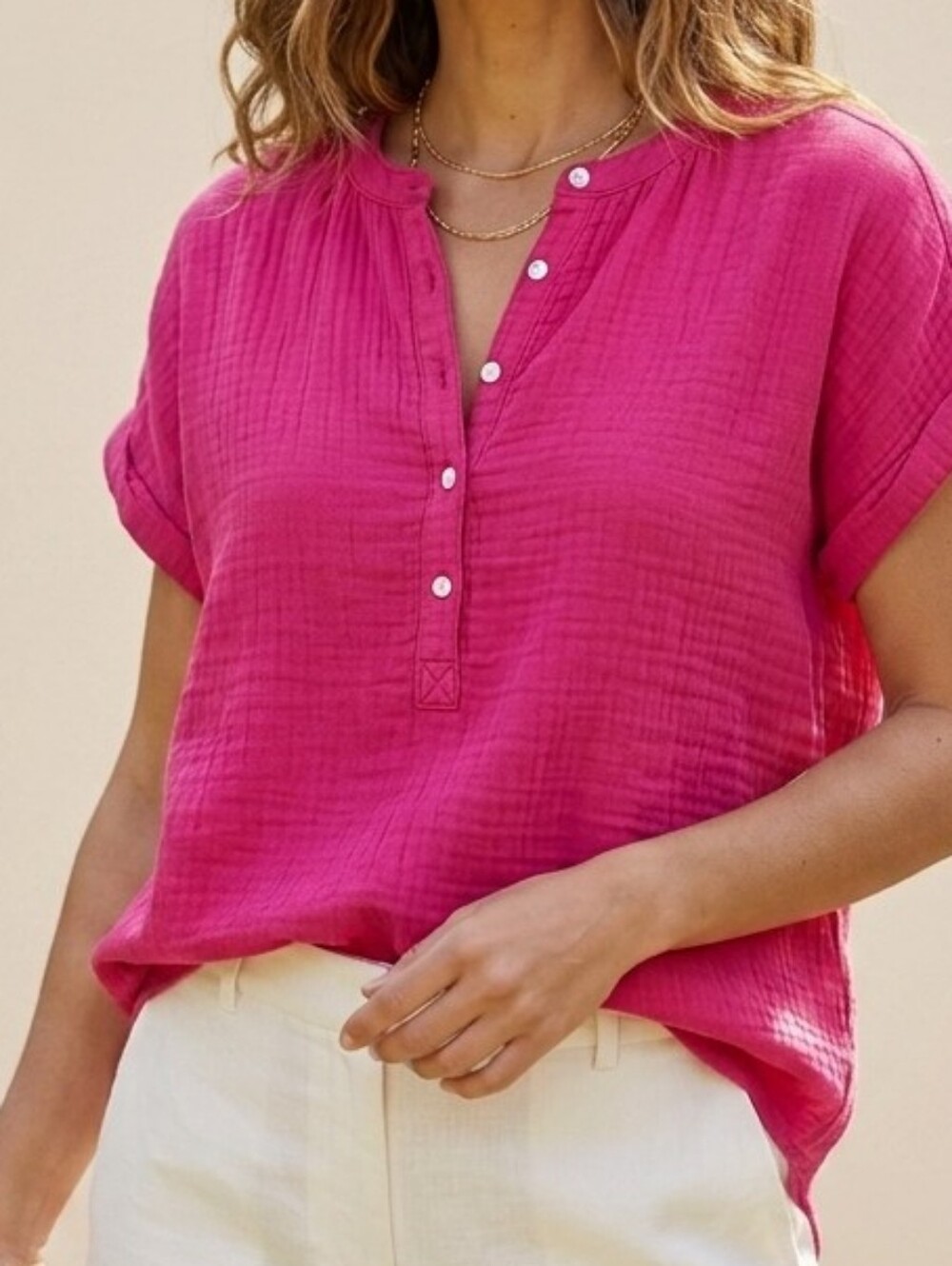 Quince Women 100% Organic Cotton Gauze Roll Sleeve Shirt Cream Pink Small